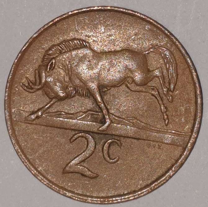 1987 - 2 CENT COIN (TWO CENT COIN) - RSA - BRONZE - KM#83 - BILINGUAL LEGEND - WILDEBEEST
